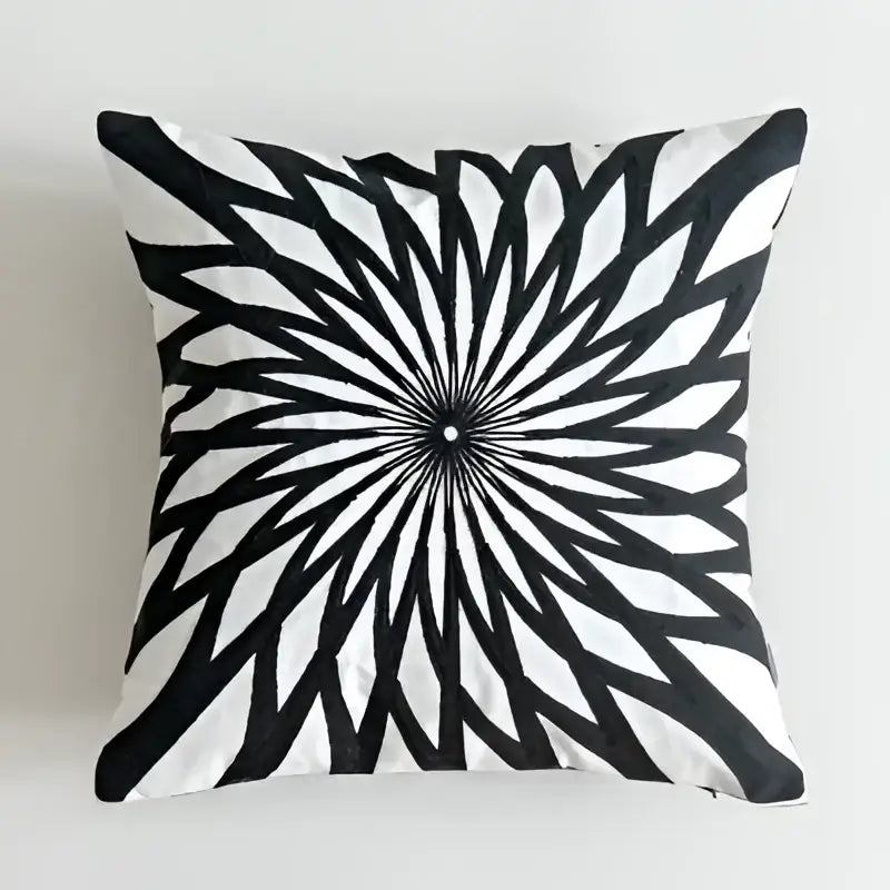 Geometric black and white embroidered cushion cover with a radial sunburst pattern for living room decorbites black white decor
