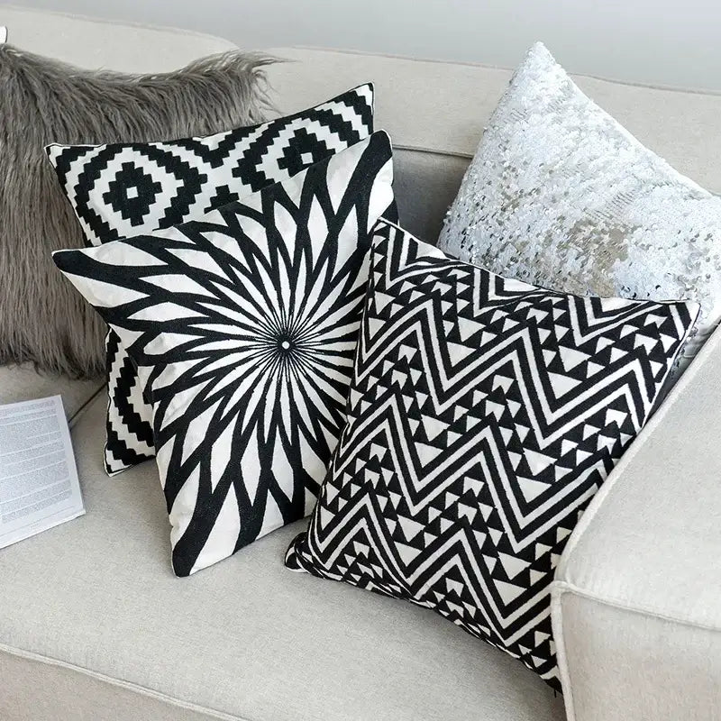 Black white embroidered geometric cushion cover with bold high contrast patterns for decorbites living room decor