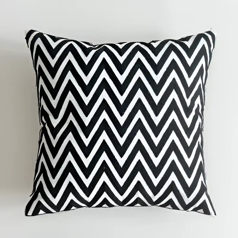 Black and white embroidered cushion cover with geometric zigzag pattern for living room decor by decorbites black white