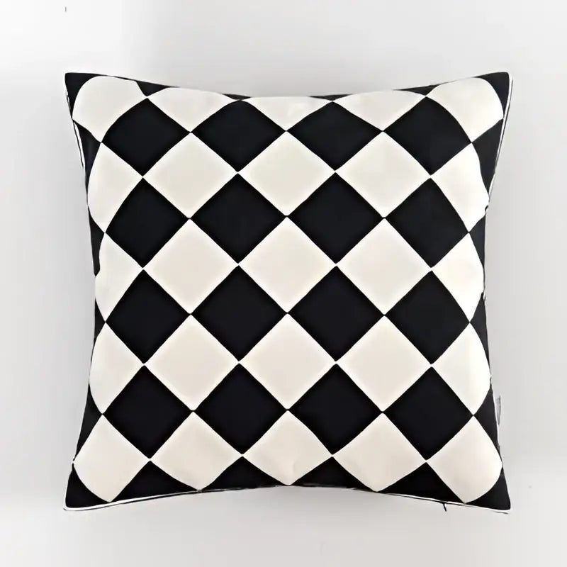 Black and white embroidered cushion cover with geometric diamond pattern for living room decor by decorbites black white