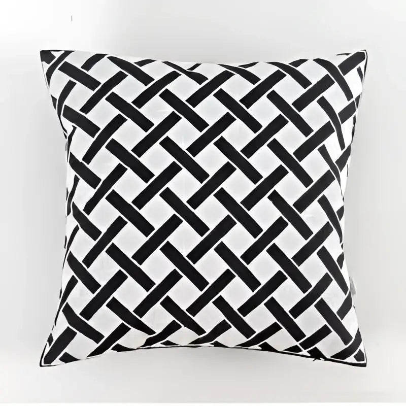 Geometric black white embroidered cushion cover with woven patterned design for living room decorbites black white decor