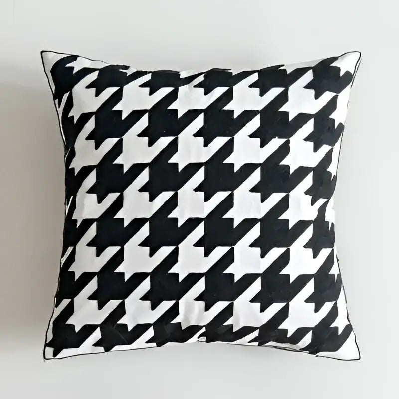Geometric black and white embroidered cushion cover with houndstooth pattern for living room decorbites black white decor