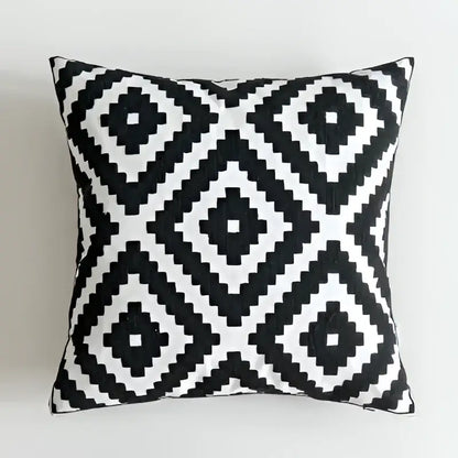 Black white embroidered cushion cover with geometric pattern and woven textured fabric for living room decorbites decor