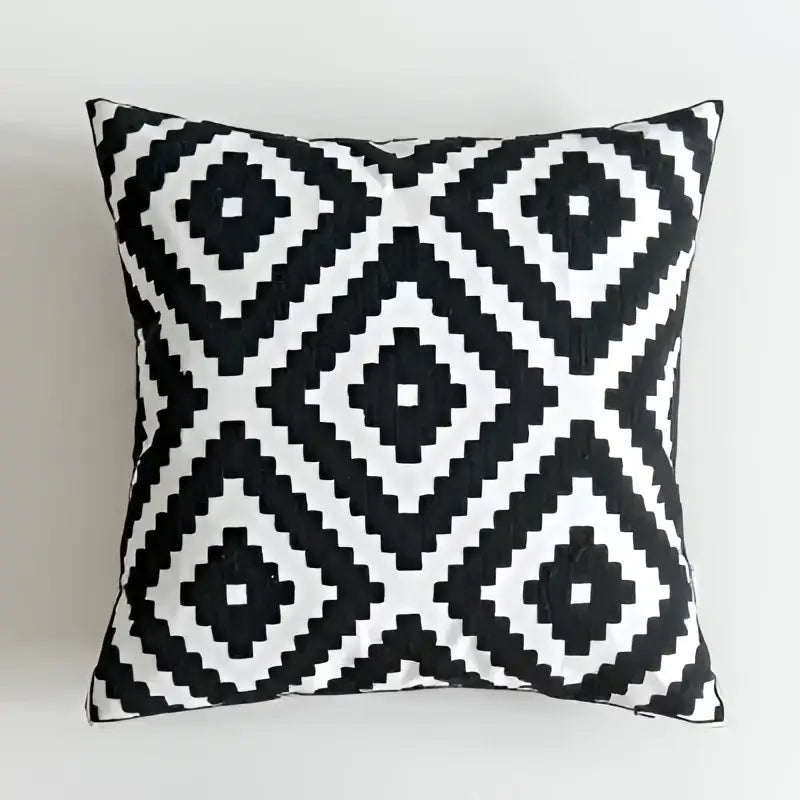 Black white embroidered cushion cover with geometric pattern and woven textured fabric for living room decorbites decor
