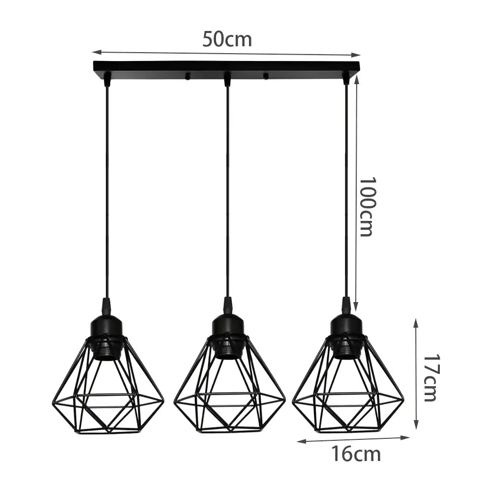 Geometric black iron frame pendant chandelier with three diamond-shaped cages for dining room decorbites iron frame