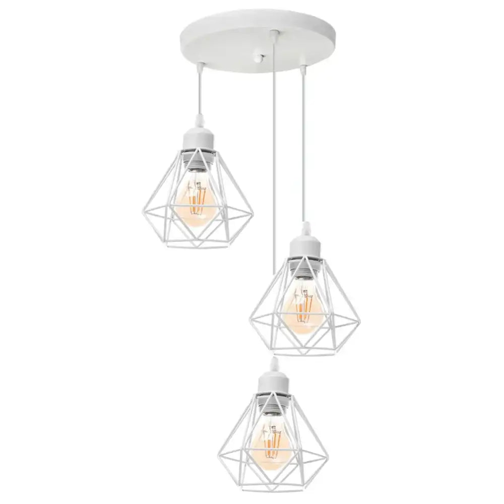 White geometric iron frame pendant chandelier with three diamond-shaped cages and warm filament bulbs for dining room decorbites iron frame