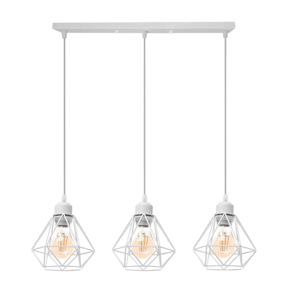 White geometric iron frame pendant chandelier with three edison bulbs in wire cage shades for dining room decorbites iron frame