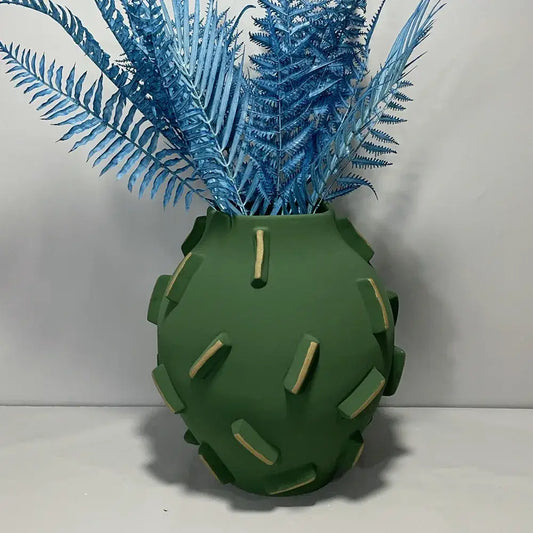 Green cactus shaped geometric block ceramic vase with beige rectangular accents for living room decorbites decor