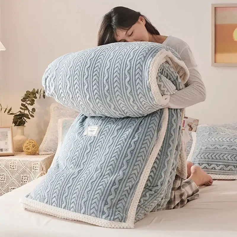 Light blue knitted throw blanket with plush white coral fleece flannel lining for warm bedroom decorbites coral fleece