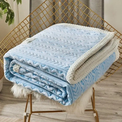 Soft light blue coral fleece flannel fleece flannel blanket with textured chevron pattern and cream fleece border for bedroom decor