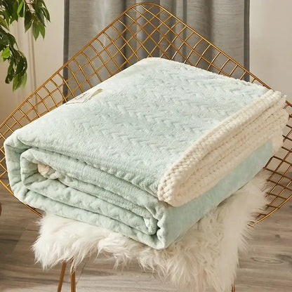 A soft mint green and cream fleece flannel blanket with herringbone texture and chunky knit border for bedroom decorbites coral fleece