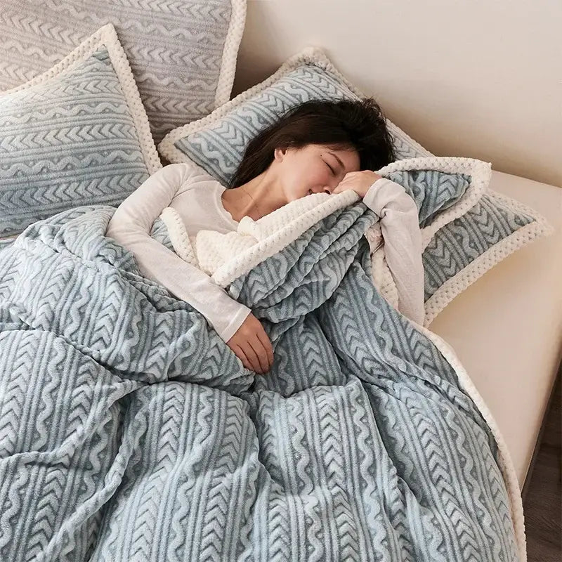Soft blue coral fleece flannel blanket with plush white fleece border and matching pillowcases for warm decorbites coral fleece bedroom use
