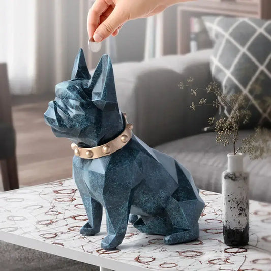 Blue geometric french bulldog coin bank with gold studded collar for decorbites french bulldog bedroom decor