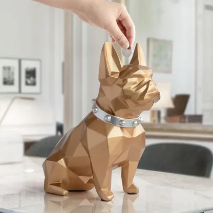 Gold-colored geometrically faceted french bulldog coin bank with silver studded collar decorbites french bulldog decor