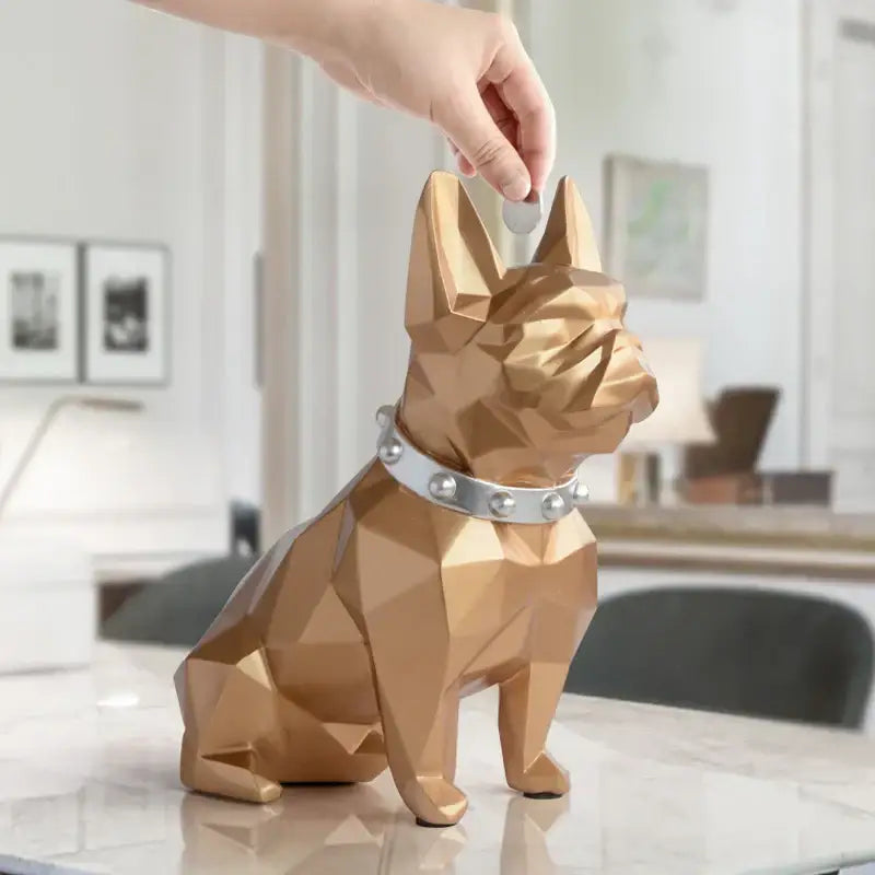 Gold-colored geometrically faceted french bulldog coin bank with silver studded collar decorbites french bulldog decor