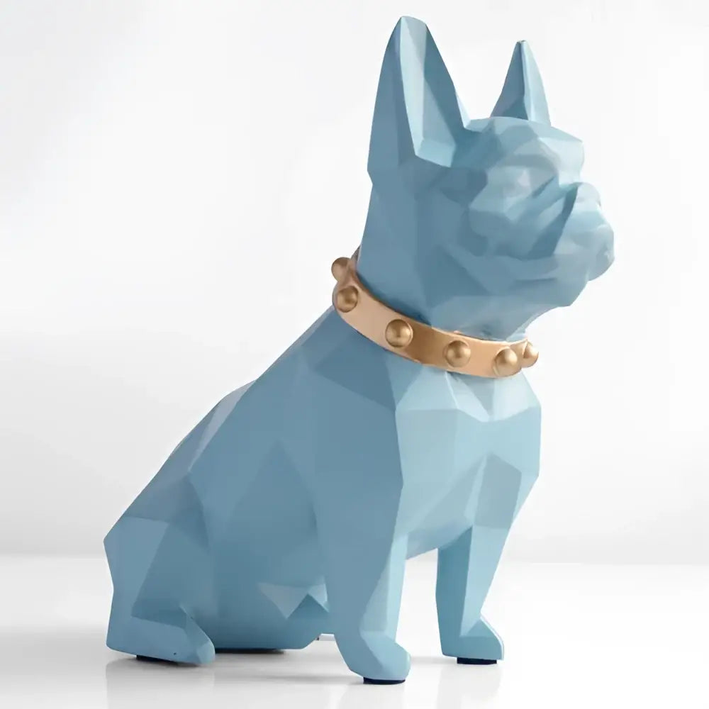 A light blue geometrically faceted french bulldog coin bank with a gold studded collar for decorbites french bulldog decor