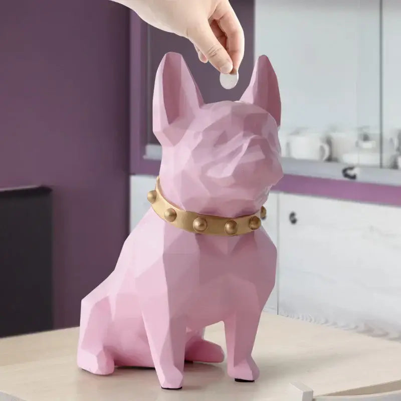 Pink geometric french bulldog coin bank with gold studded collar for decorbites french bulldog bedroom decor