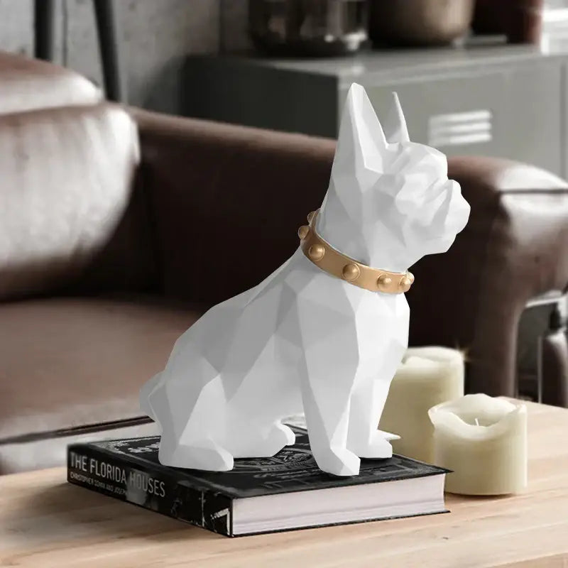 White geometric french bulldog coin bank with gold-toned studded collar for decorbites french bulldog decor