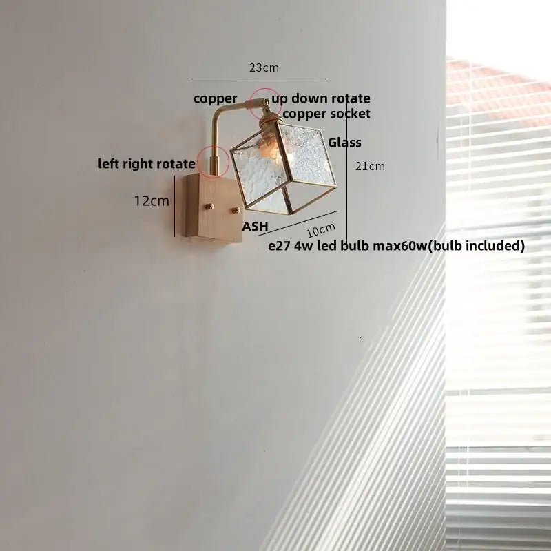 Copper-finished wall light with geometric blue glass shade and wooden base decorbites brass led wall sconce for dining room