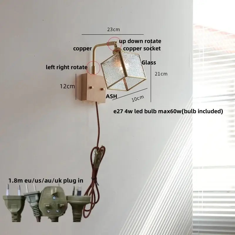 Copper-finished brass led wall light with geometric glass shade and adjustable arm for dining room decorbites brass led wall