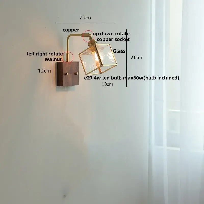 Copper and walnut wall light with a glass cube shade featuring decorbites brass led for dining room sconce lighting