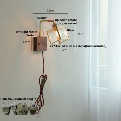 Copper and walnut wall light with a glass cube shade featuring decorbites brass led design for dining room decor