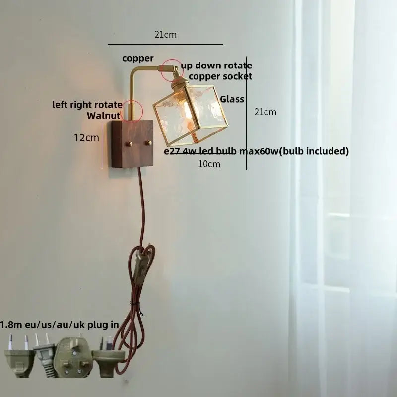 Copper and walnut wall light with a glass cube shade featuring decorbites brass led design for dining room decor