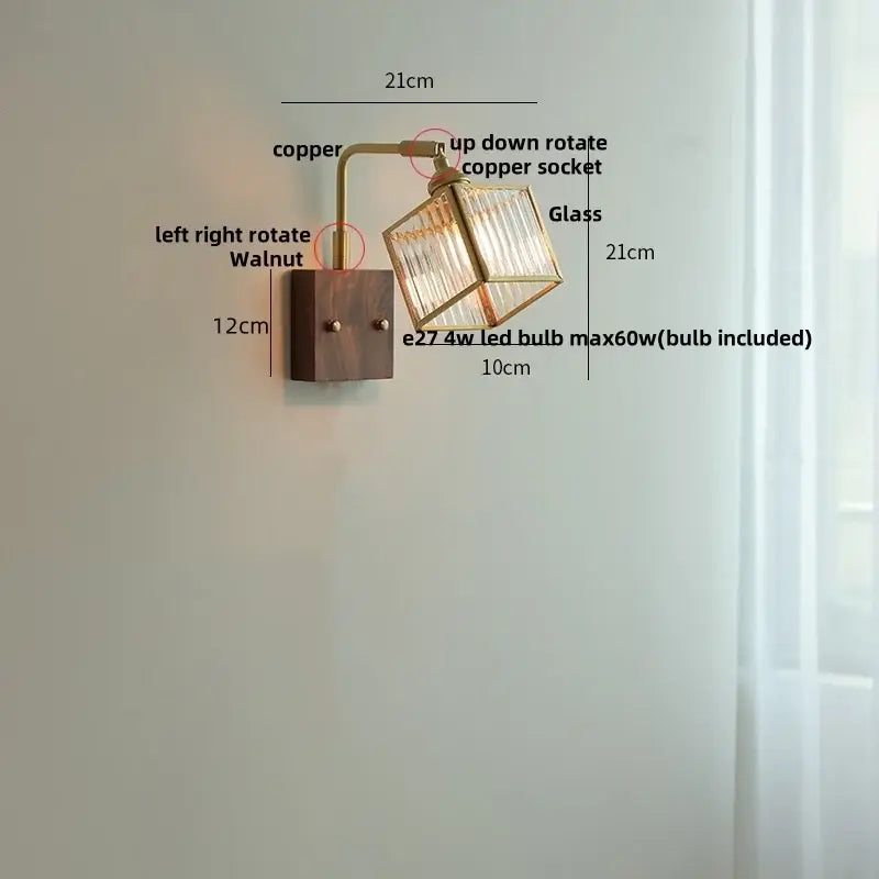 Copper and walnut wall light with glass cube shade, featuring decorbites brass led for dining room lighting