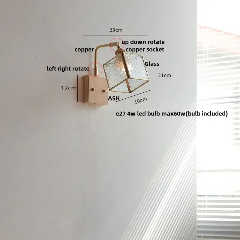 Copper and ash wood wall light with textured glass cube shade featuring decorbites brass led for dining room use