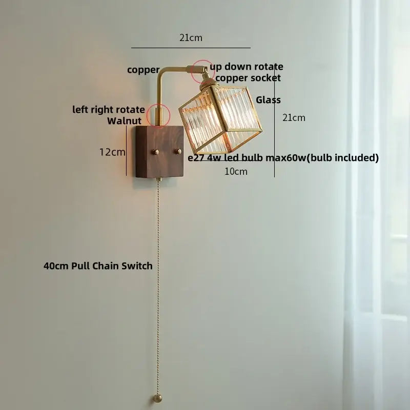A rustic wall light with walnut base copper arm and faceted glass cube shade decorbites brass led wall fixture