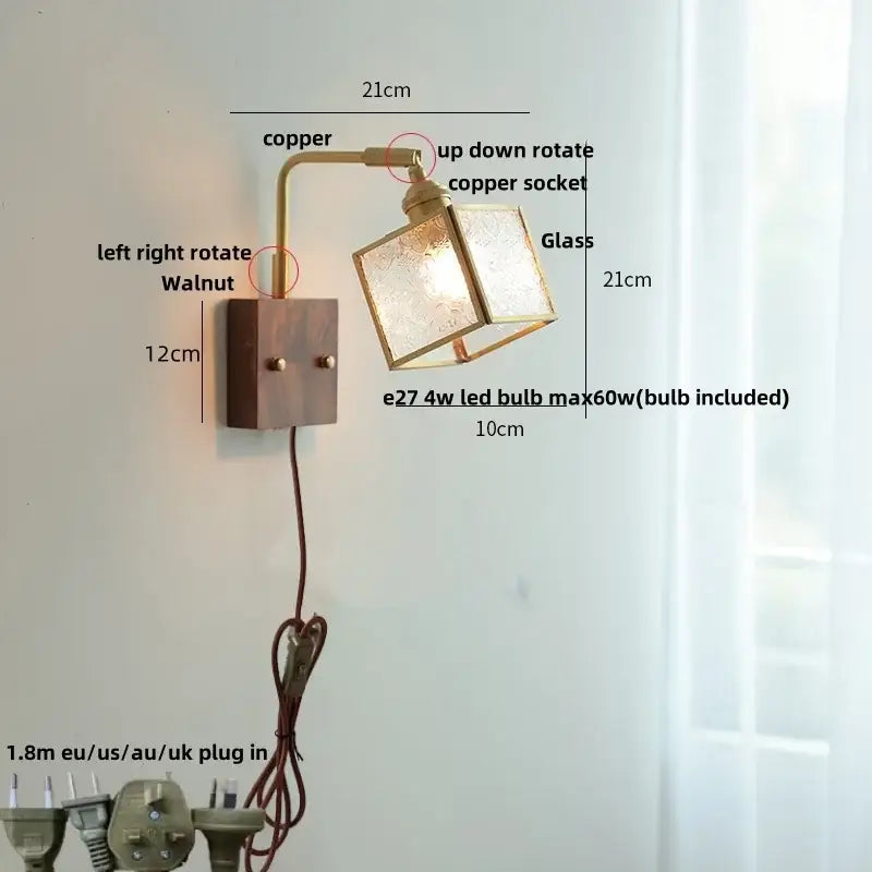 Copper-finished wall light with square glass shade and walnut wood base featuring decorbites brass led wall design