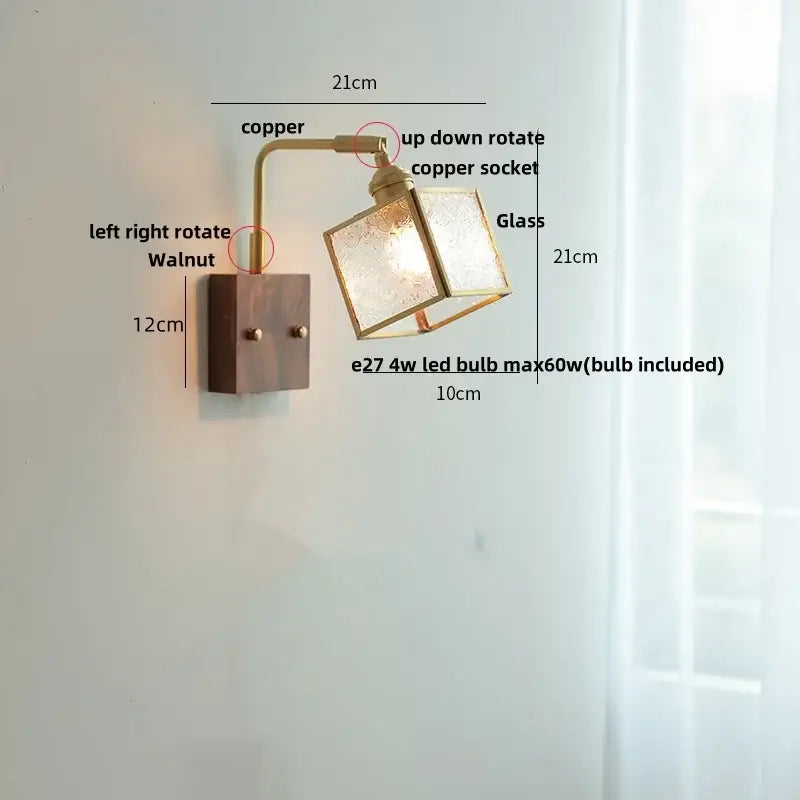 Rustic wall light with walnut wood base, copper arm, and etched glass shade for decorbites brass led wall use