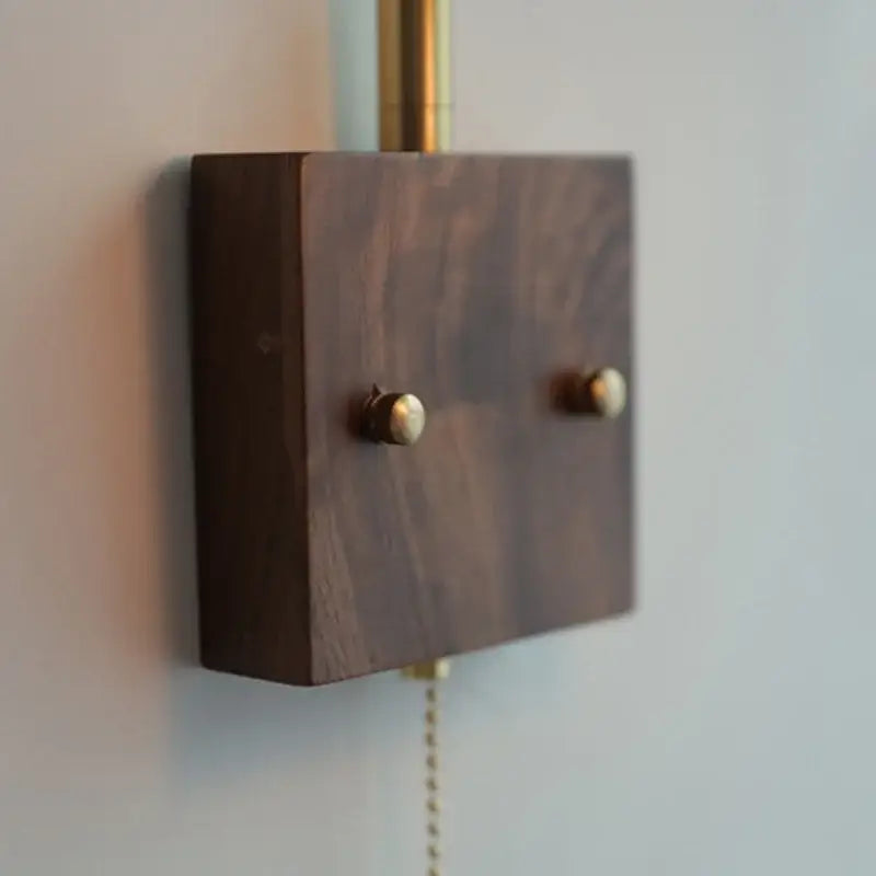 Dark walnut wood wall light switch plate with brass knobs and pull chain complementing decorbites brass led wall light