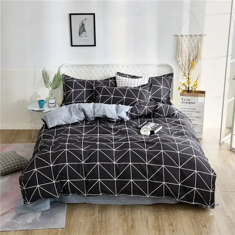 Black duvet cover with a geometric white line pattern from the decorbites cartoon king king size duvet set