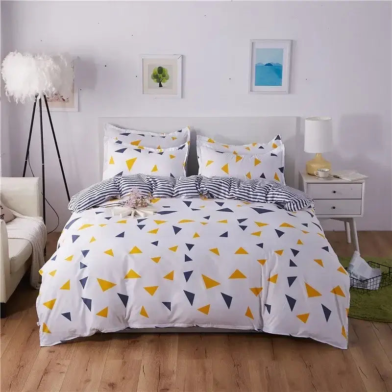 White duvet set with yellow and navy blue triangle pattern and matching striped pillowcases king size decorbites cartoon king