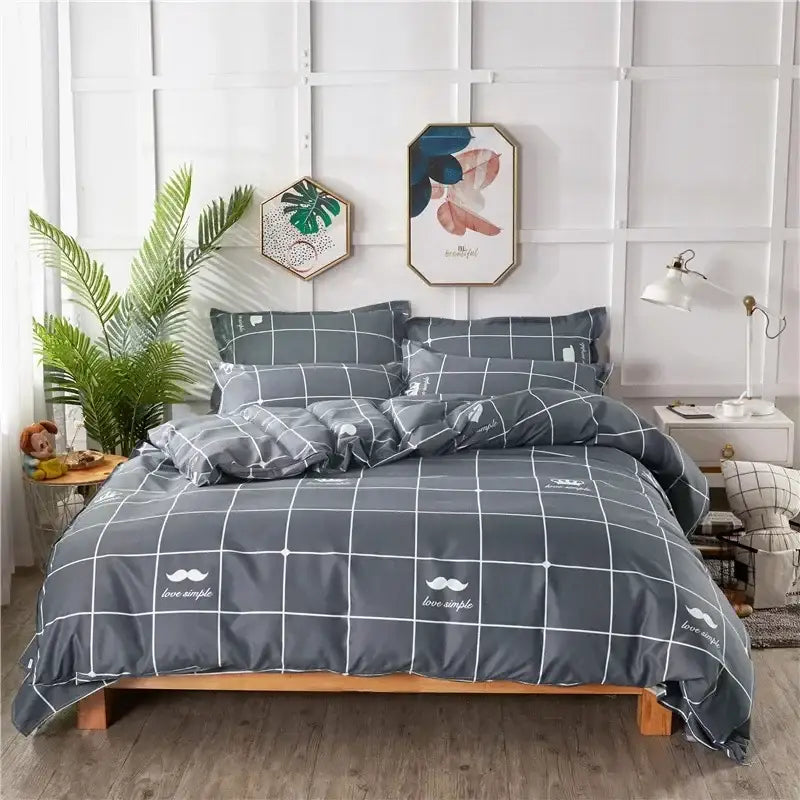 Gray king size duvet set with white grid pattern love simple text and mustache designs by decorbites cartoon king