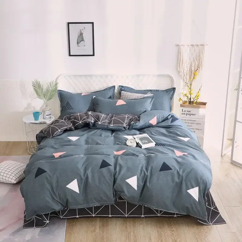 Gray king size duvet set with geometric white and black triangle pattern and matching pillows for bedroom decorbites cartoon king