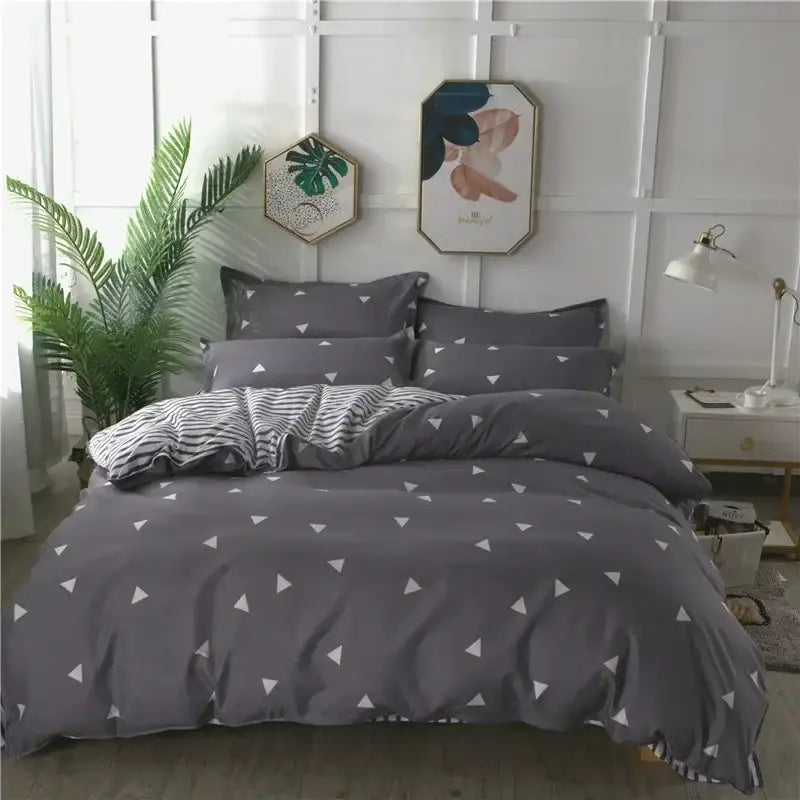 Gray duvet set with white triangular patterns king size bedding from decorbites cartoon king collection