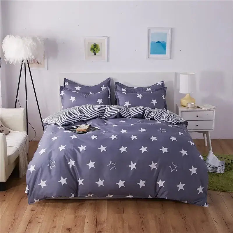 Gray star patterned king size duvet set with white stars and striped pillowcases for decorbites cartoon king bedding