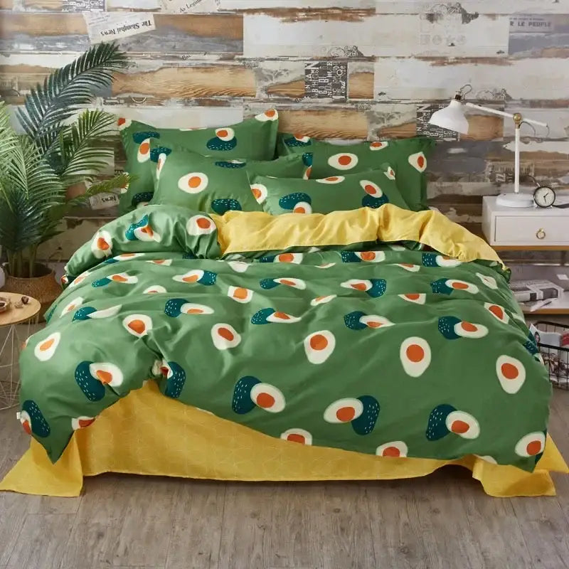 King size duvet set featuring green and yellow egg-themed playful pattern by decorbites cartoon king for bedroom decor