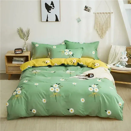 King size duvet set featuring green and yellow daisy-patterned bedding with embroidered floral details by decorbites cartoon king
