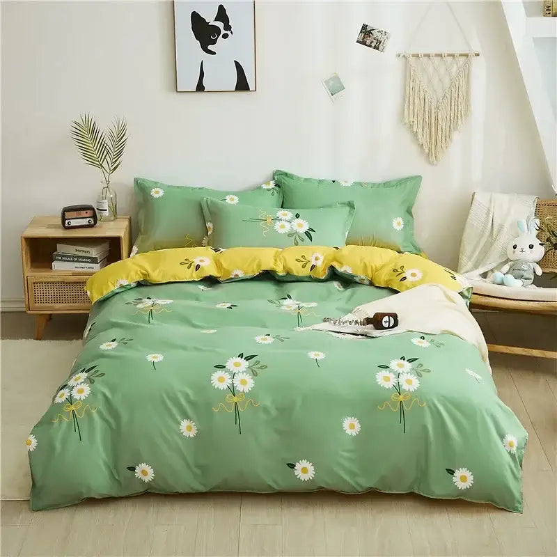 King size duvet set featuring green and yellow daisy-patterned bedding with embroidered floral details by decorbites cartoon king