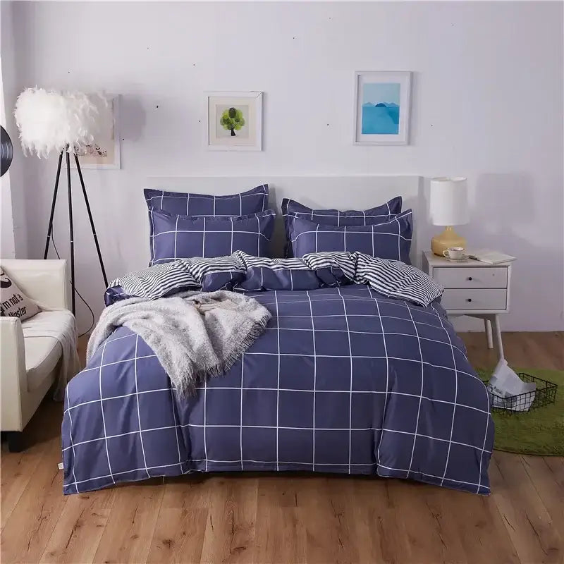 Blue and white grid patterned king size duvet set with soft textured fabric by decorbites cartoon king for bedroom decor