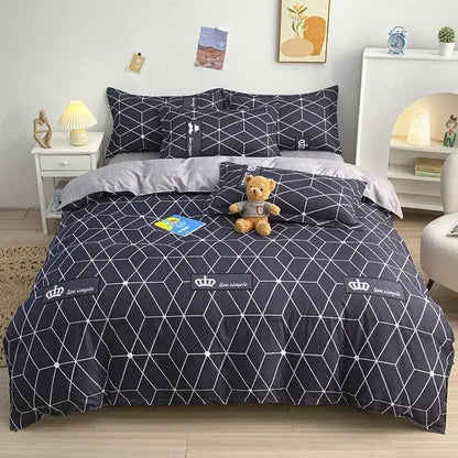 Navy blue geometric king size duvet set with white lines and live simple crown patches by decorbites cartoon king