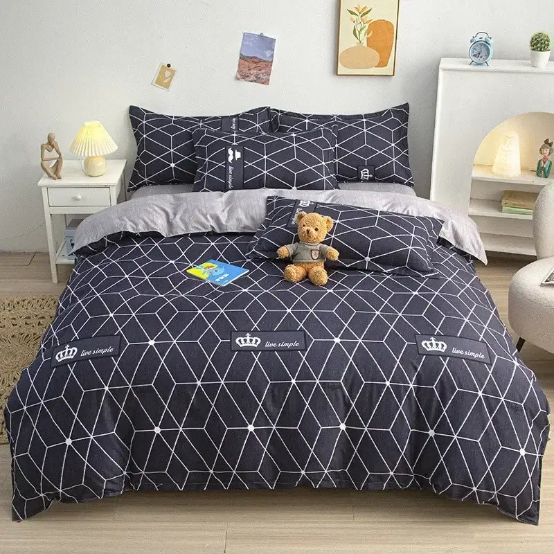 Navy blue geometric king size duvet set with white lines and live simple crown patches by decorbites cartoon king