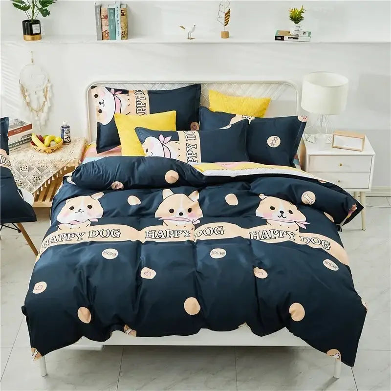 Navy blue happy dog duvet set with cartoon dog faces and beige polka dots in king size decorbites cartoon king style