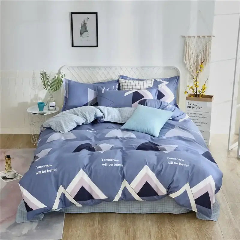 Geometric blue and white king size duvet set with tomorrow will be better text for decorbites cartoon king bedroom bedding