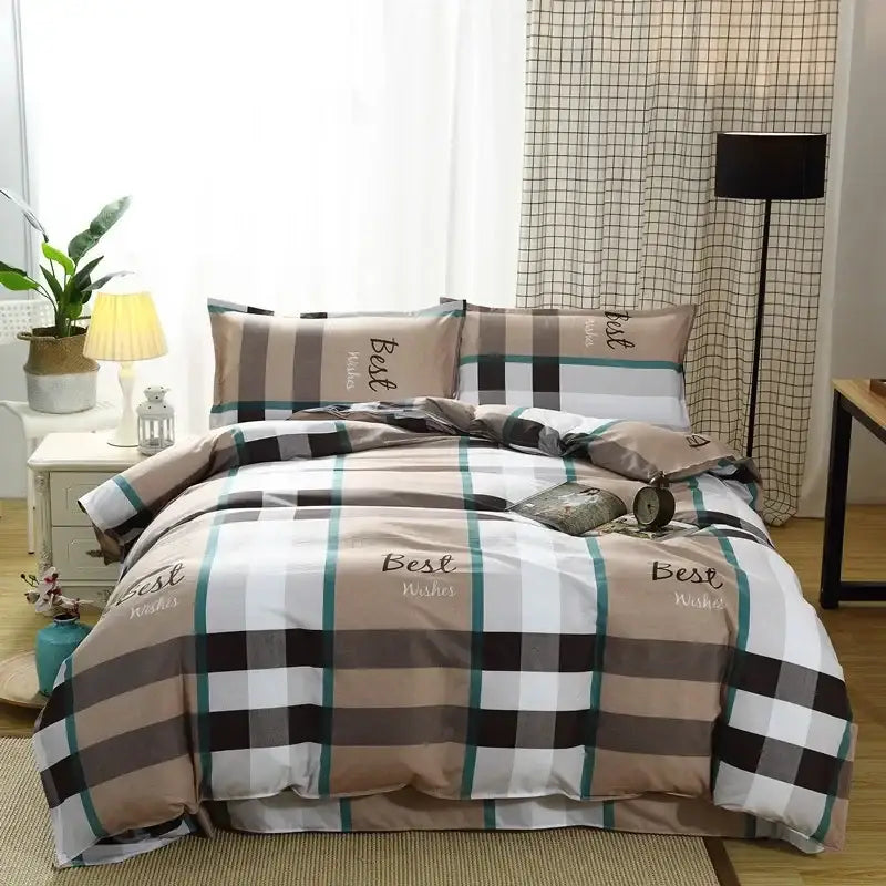 Plaid king size duvet set with beige black and teal stripes and best wishes text for decorbites cartoon king bedding