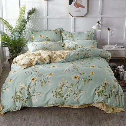 Soft mint green floral duvet set with satin fabric and gold ruffled trim for king size decorbites cartoon king bedding