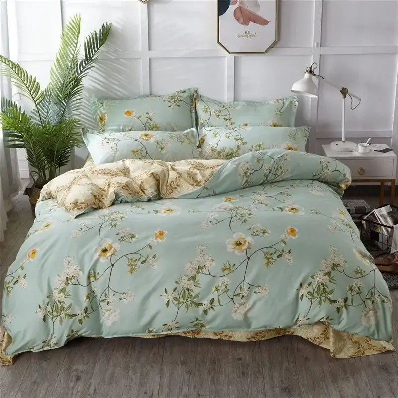 Soft mint green floral duvet set with satin fabric and gold ruffled trim for king size decorbites cartoon king bedding